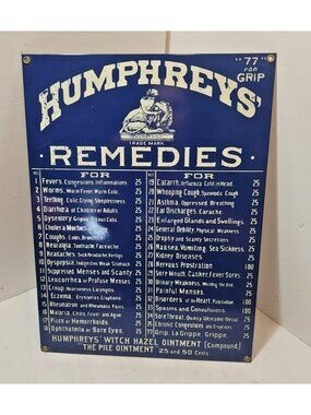 Vtg Ande Rooney Humphreys Remedies Porcelain Enamel Sign 12" by 16" Reproduction